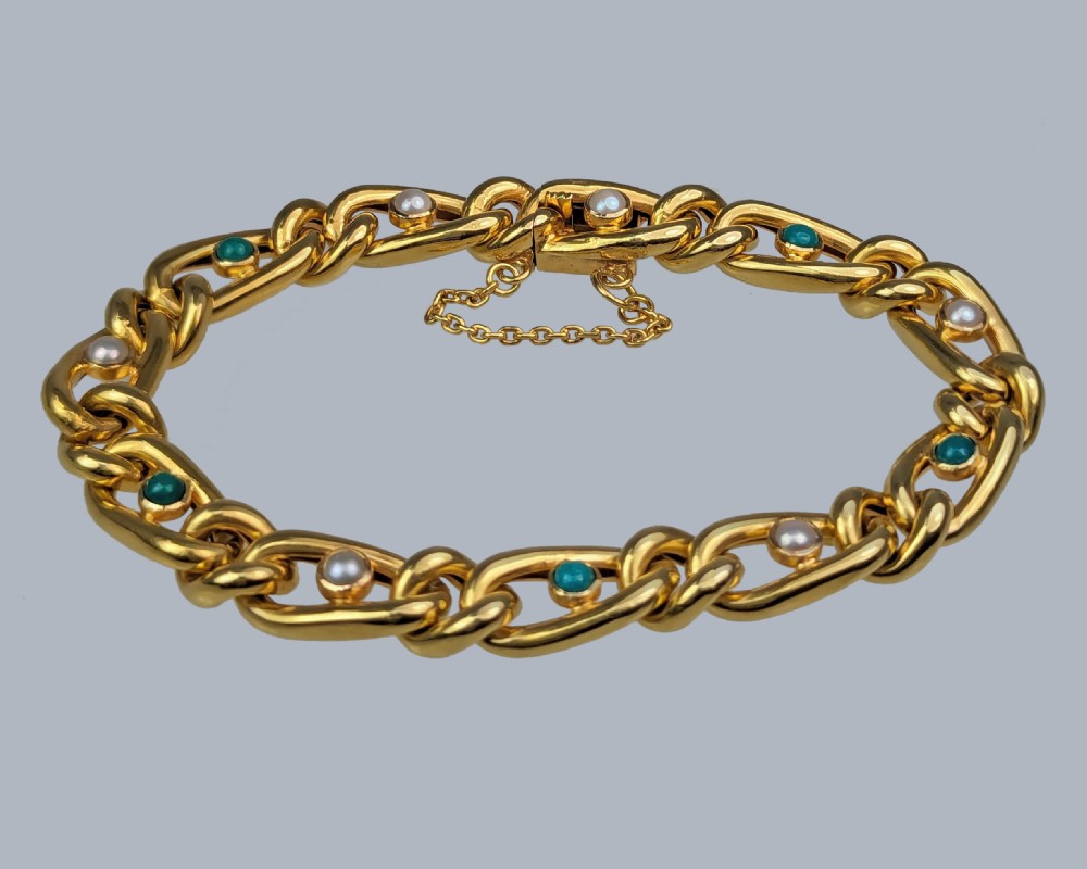 Victorian 15ct Gold Turquoise & Pearl Curb Link Bracelet English Antique circa 1880 View IV