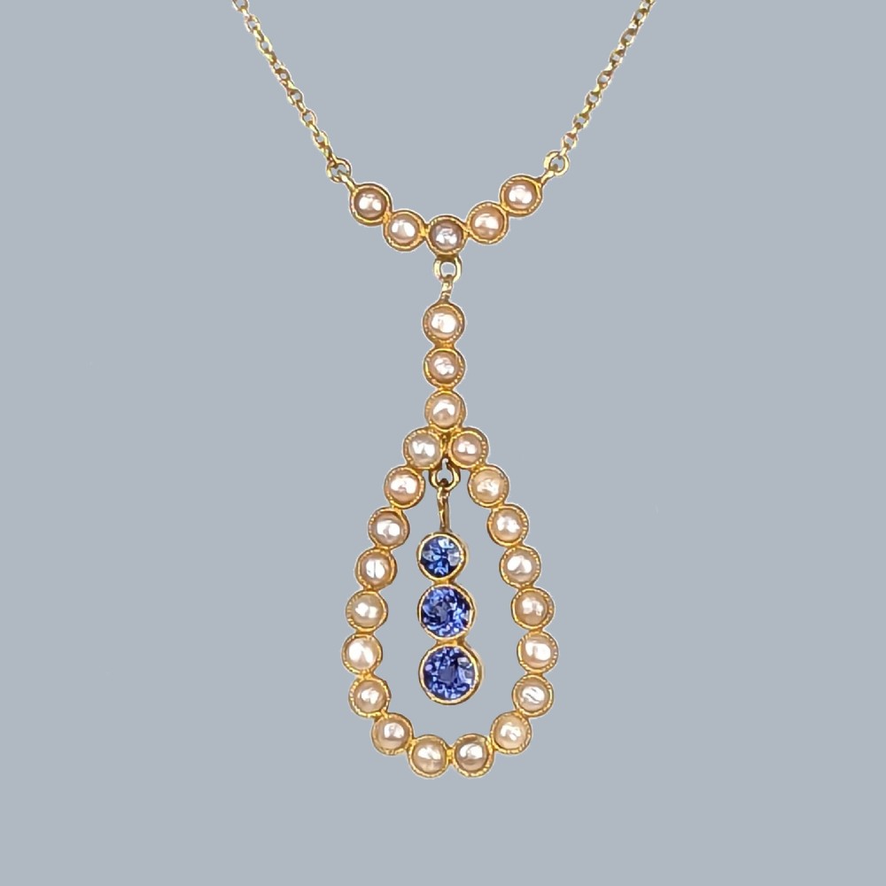 Exquisite Edwardian Sapphire and Pearl Necklace 15ct Gold Antique Drop Pendant circa 1910