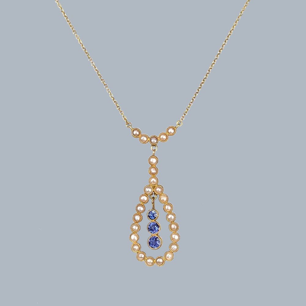 Exquisite Edwardian Sapphire and Pearl Necklace 15ct Gold Antique Drop Pendant circa 1910 View IV
