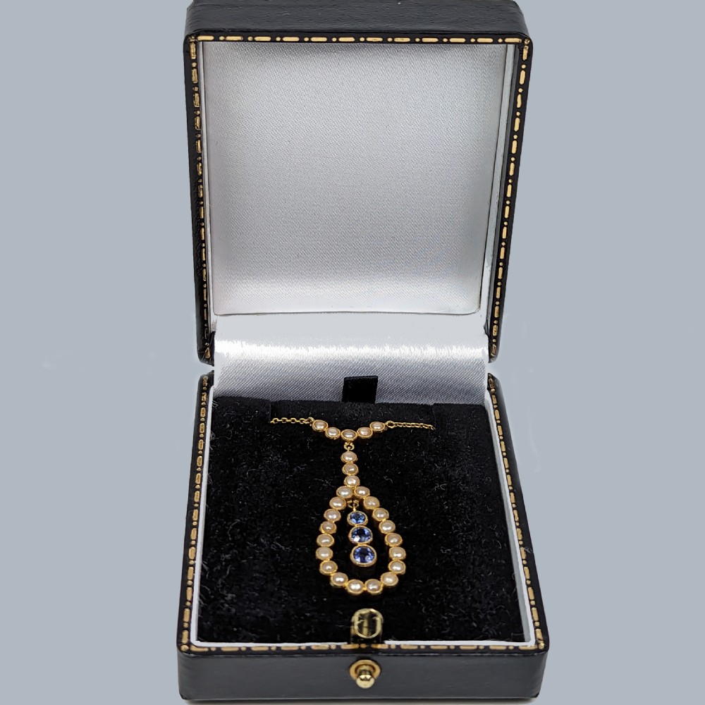 Exquisite Edwardian Sapphire and Pearl Necklace 15ct Gold Antique Drop Pendant circa 1910 View V