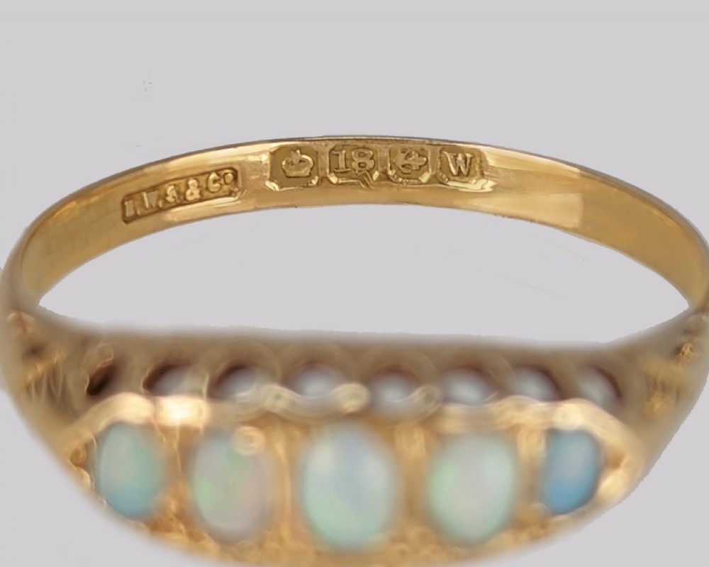 Antique 18ct Gold Opal Ring Birmingham 1921 Hallmarked Five-Stone Vintage Traditional Half Hoop Design View III