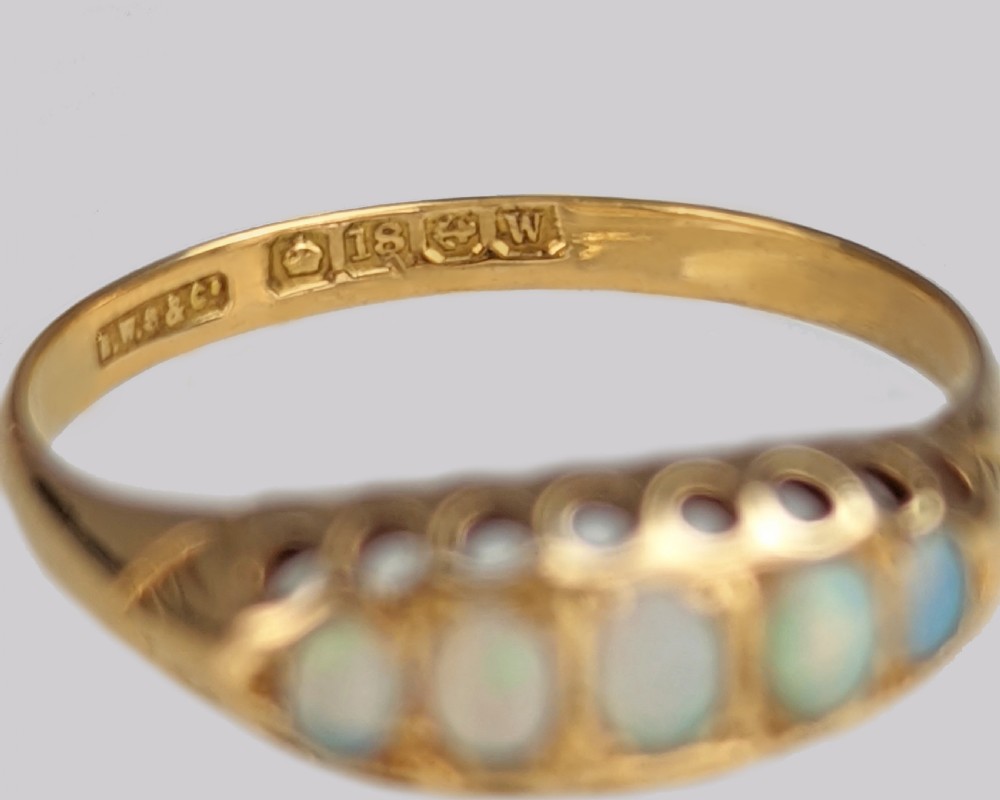 Antique 18ct Gold Opal Ring Birmingham 1921 Hallmarked Five-Stone Vintage Traditional Half Hoop Design View IV