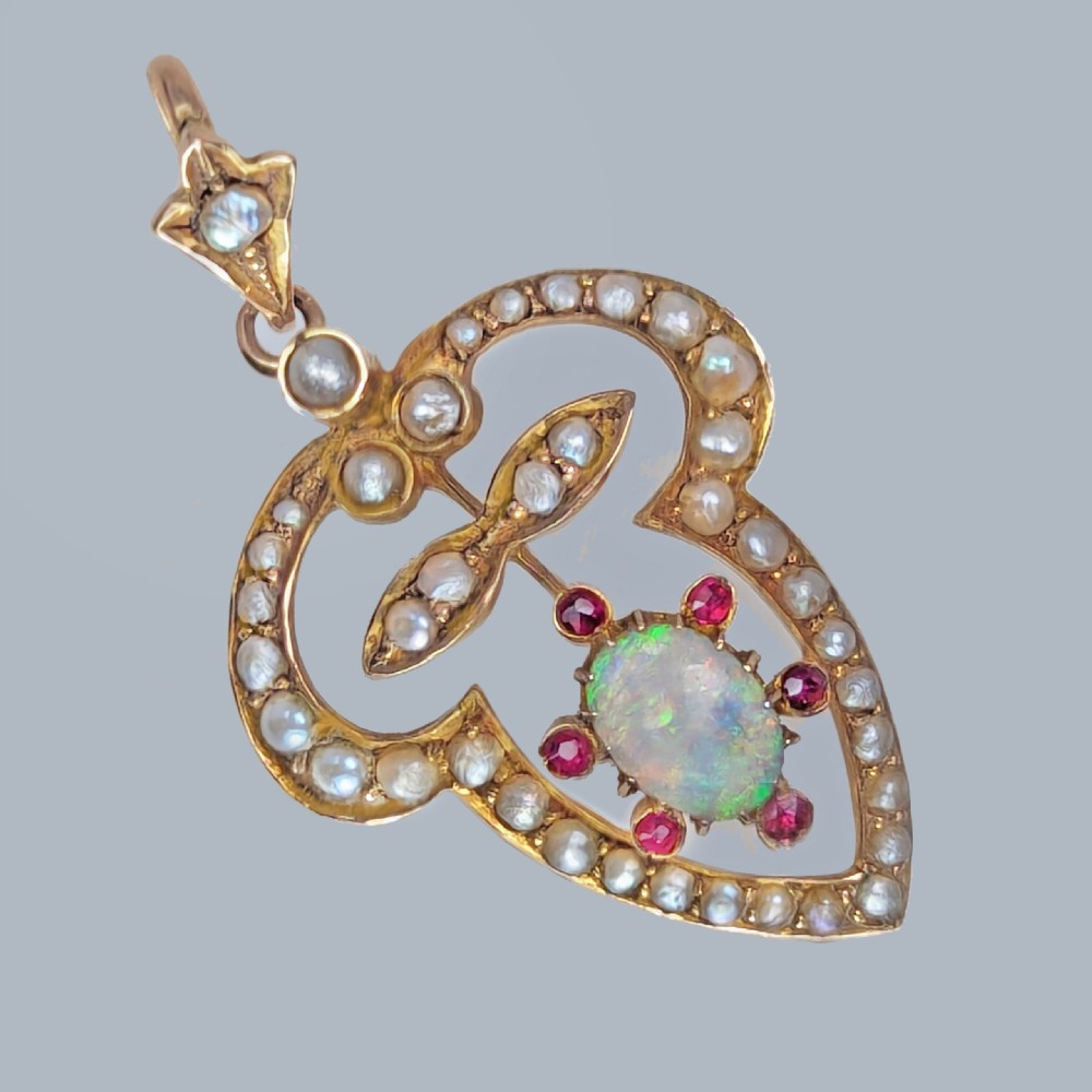 Art Nouveau Cropp & Farr Opal Ruby Pearl Pendant 9ct Rose Gold Antique Pendant Circa 1920