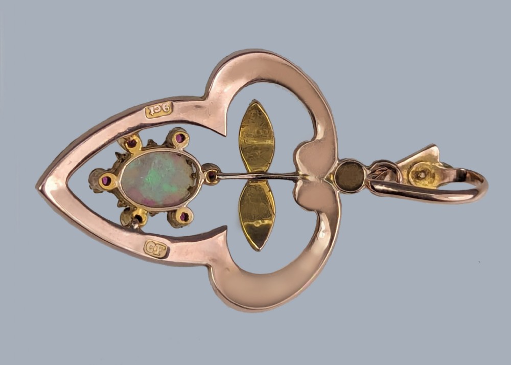 Art Nouveau Cropp & Farr Opal Ruby Pearl Pendant 9ct Rose Gold Antique Pendant Circa 1920 View III