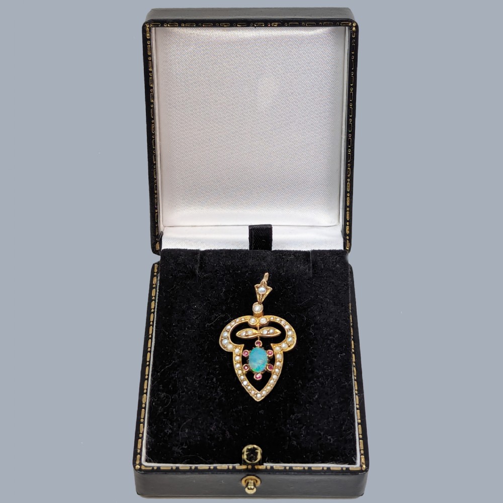 Art Nouveau Cropp & Farr Opal Ruby Pearl Pendant 9ct Rose Gold Antique Pendant Circa 1920 View VII