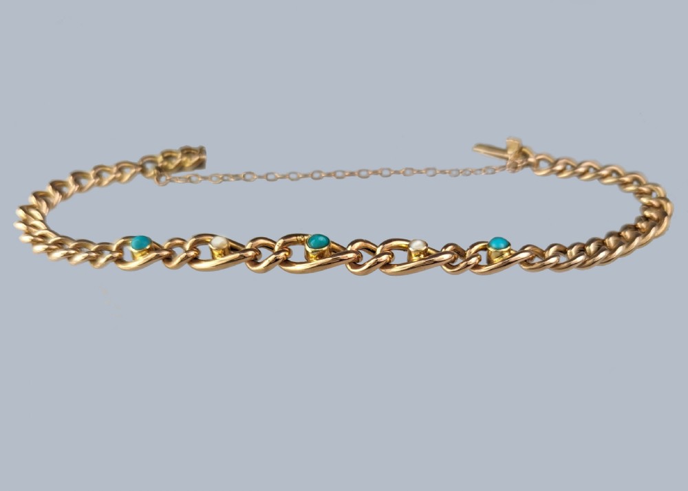 Victorian 15ct Gold Turquoise & Seed Pearl Curb Link Bracelet Antique Bracelet circa 1880 View VII