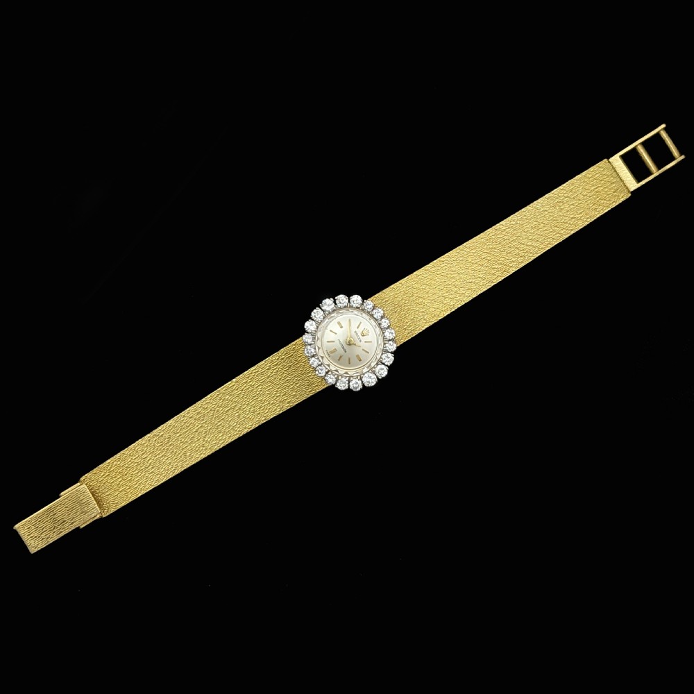 Exquisite Vintage Rolex Ladies Diamond Watch – 18ct Gold - Diamond Bezel – Manual Wind Cal. 1400 - 1950s Cocktail Watch View X