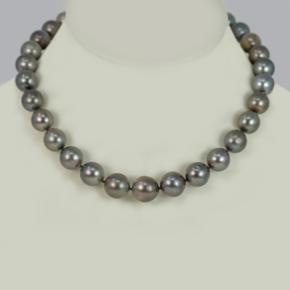 A single strand of lustrous charcoal grey Tahitian cultured pearls featuring an 18ct white gold clasp. View II
