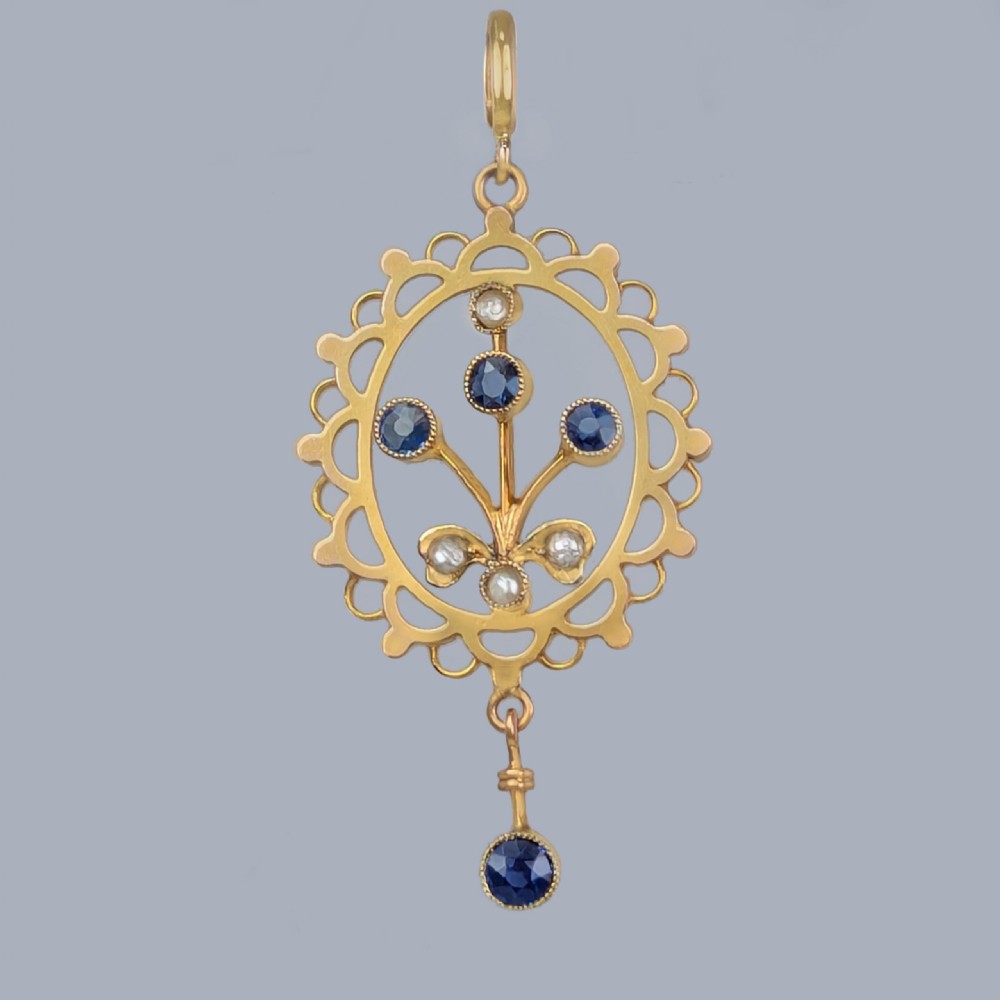 Edwardian Sapphire and Pearl Floral Drop Pendant in 9ct Gold Antique circa 1910