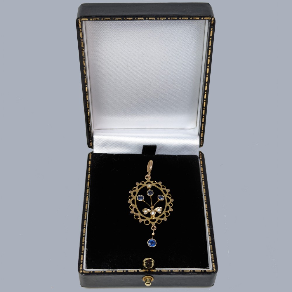 Edwardian Sapphire and Pearl Floral Drop Pendant in 9ct Gold Antique circa 1910 View V