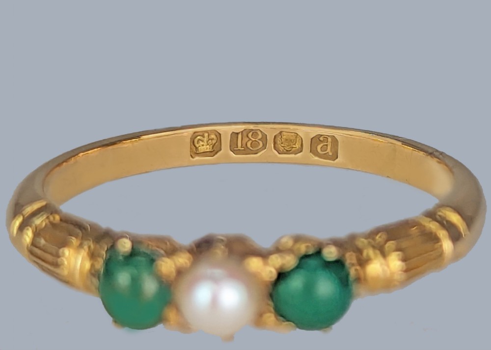Victorian Turquoise and Natural Pearl Trilogy Ring 18ct Gold London 1896 Hallmark  View III