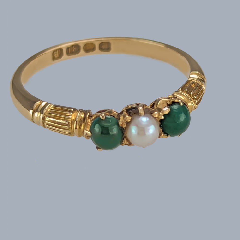 Victorian Turquoise and Natural Pearl Trilogy Ring 18ct Gold London 1896 Hallmark  View IV