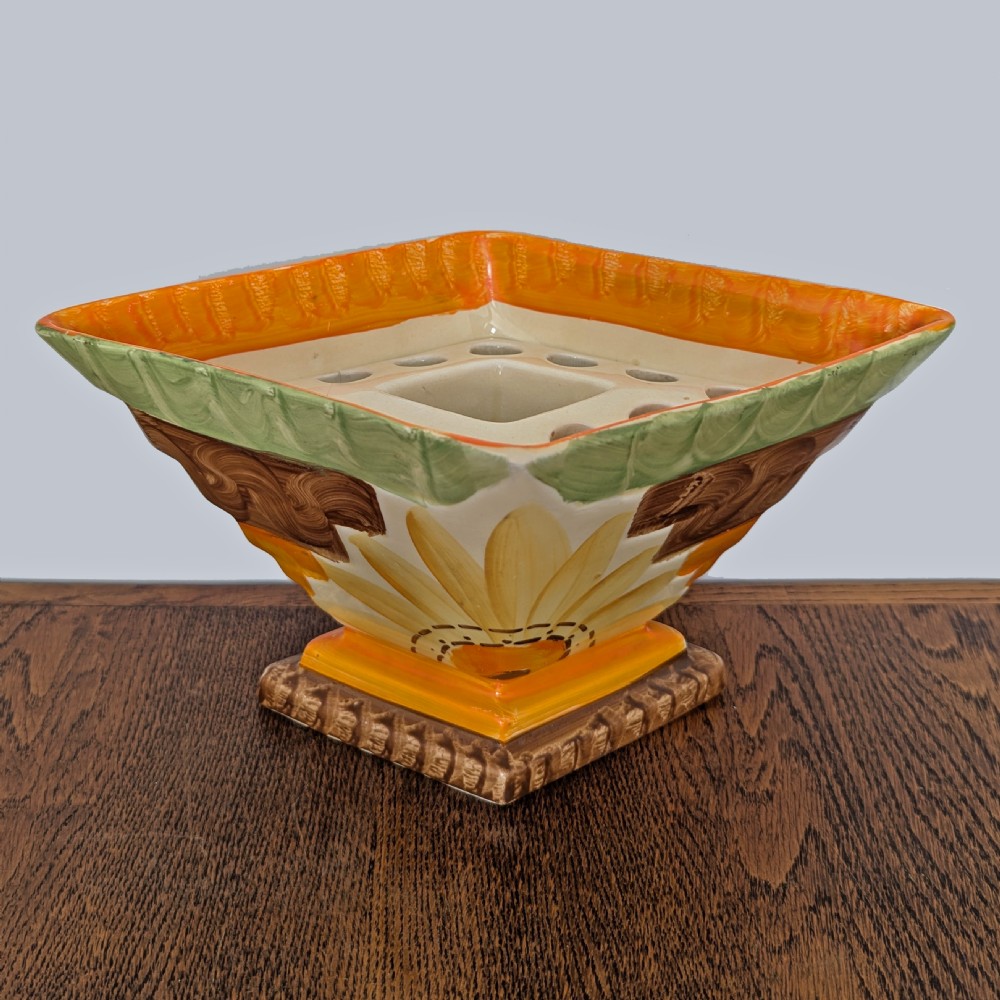 Myott Son & Co Art Deco Vase Diamond Shaped Hand Painted Sunflower Vase with Frog