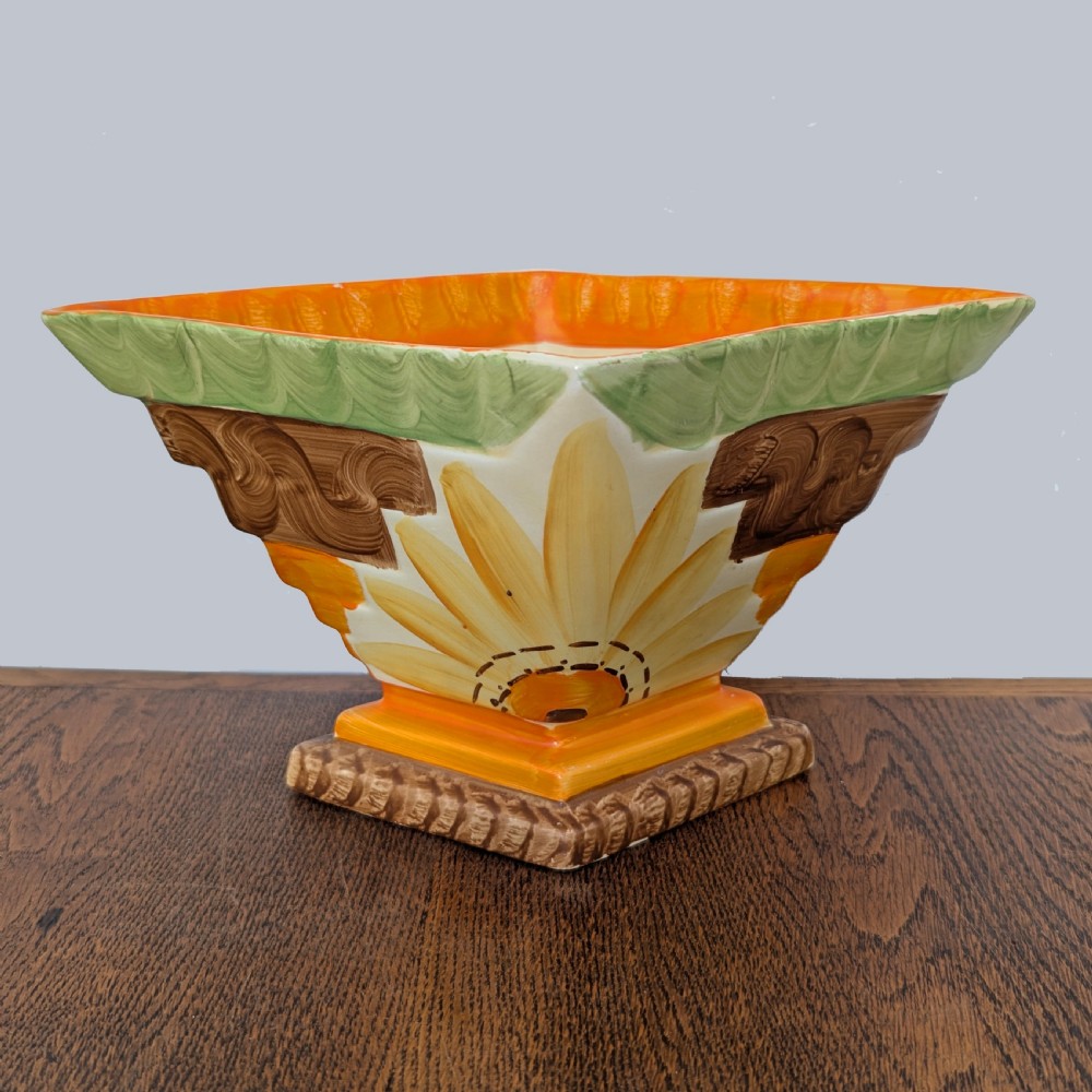 Myott Son & Co Art Deco Vase Diamond Shaped Hand Painted Sunflower Vase with Frog View III