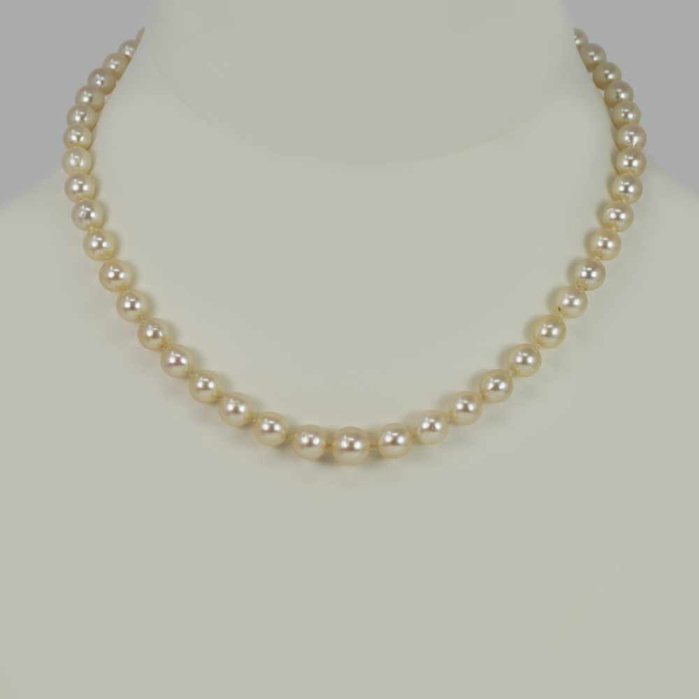 A single strand of cream-coloured pearls hand-knotted on silk thread resting neatly around a neck. View IV
