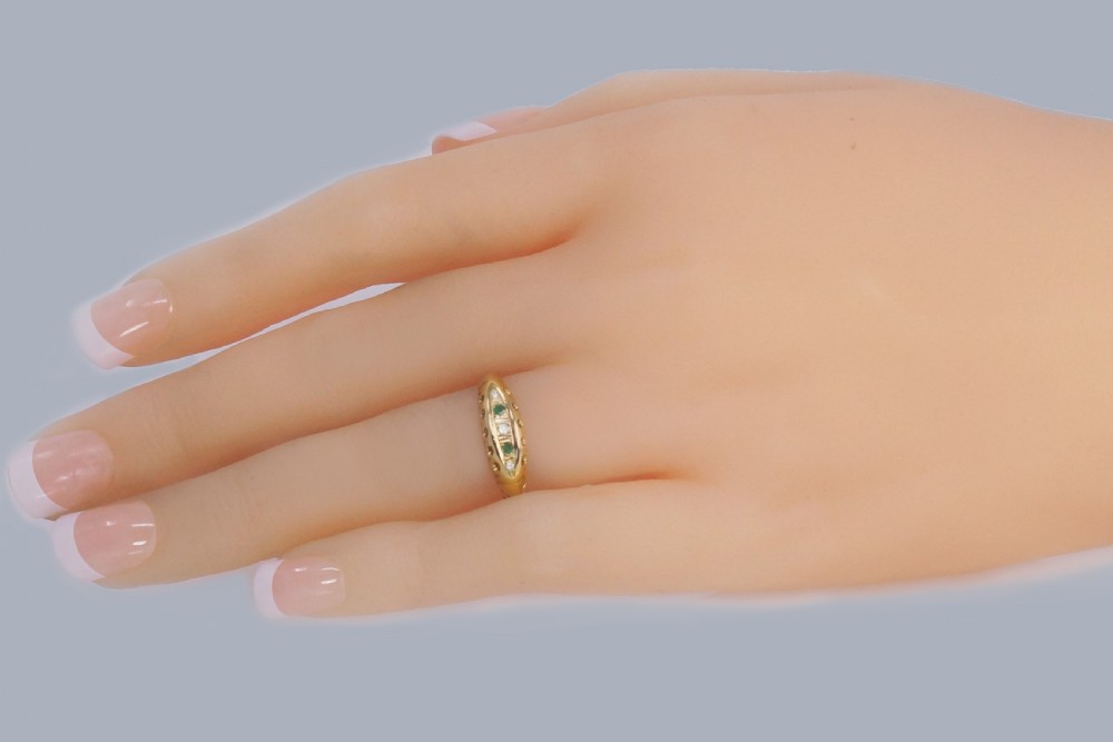 Antique Emerald and Old Cut Diamond Five-Stone Ring – 18ct Gold – Chester 1915 Hallmarked View VI