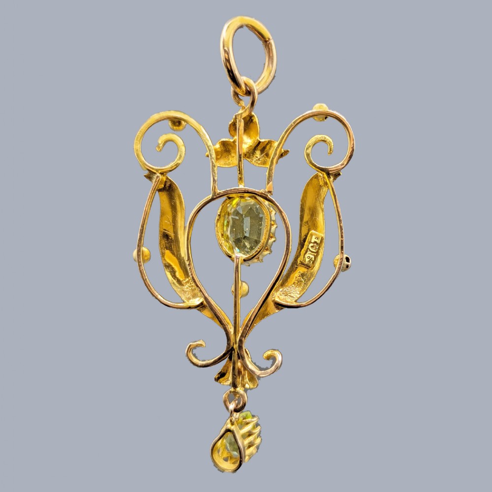 Antique Art Nouveau Peridot Pendant 9ct Gold Edwardian c.1900 Vintage Pendant View III