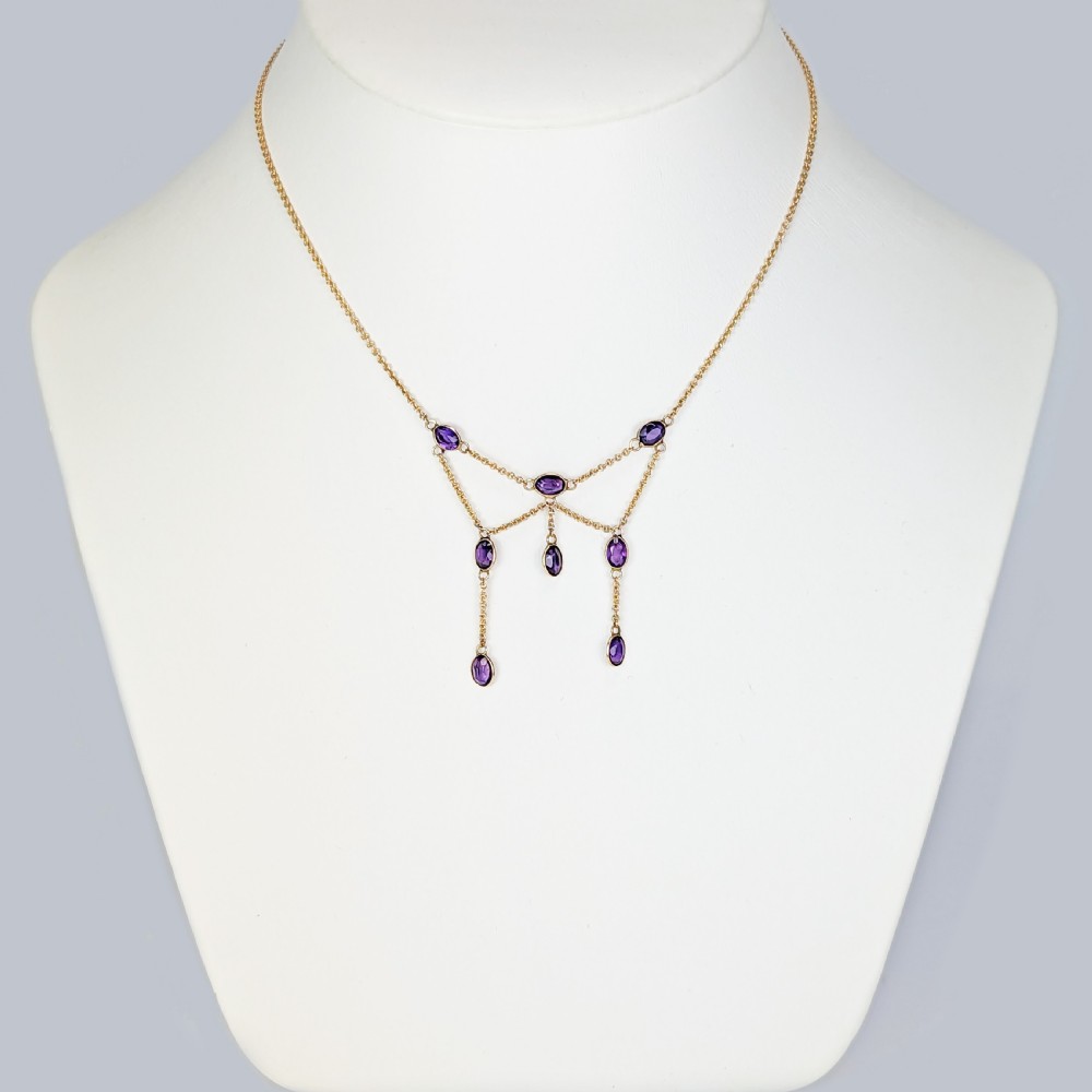 Edwardian 9ct Gold Amethyst Fringe Necklace Antique Swag Design c1910 Gift Boxed View IV