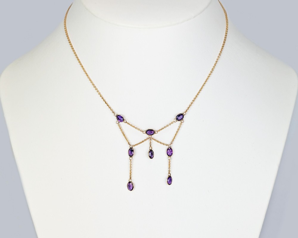 Edwardian 9ct Gold Amethyst Fringe Necklace Antique Swag Design c1910 Gift Boxed View IX