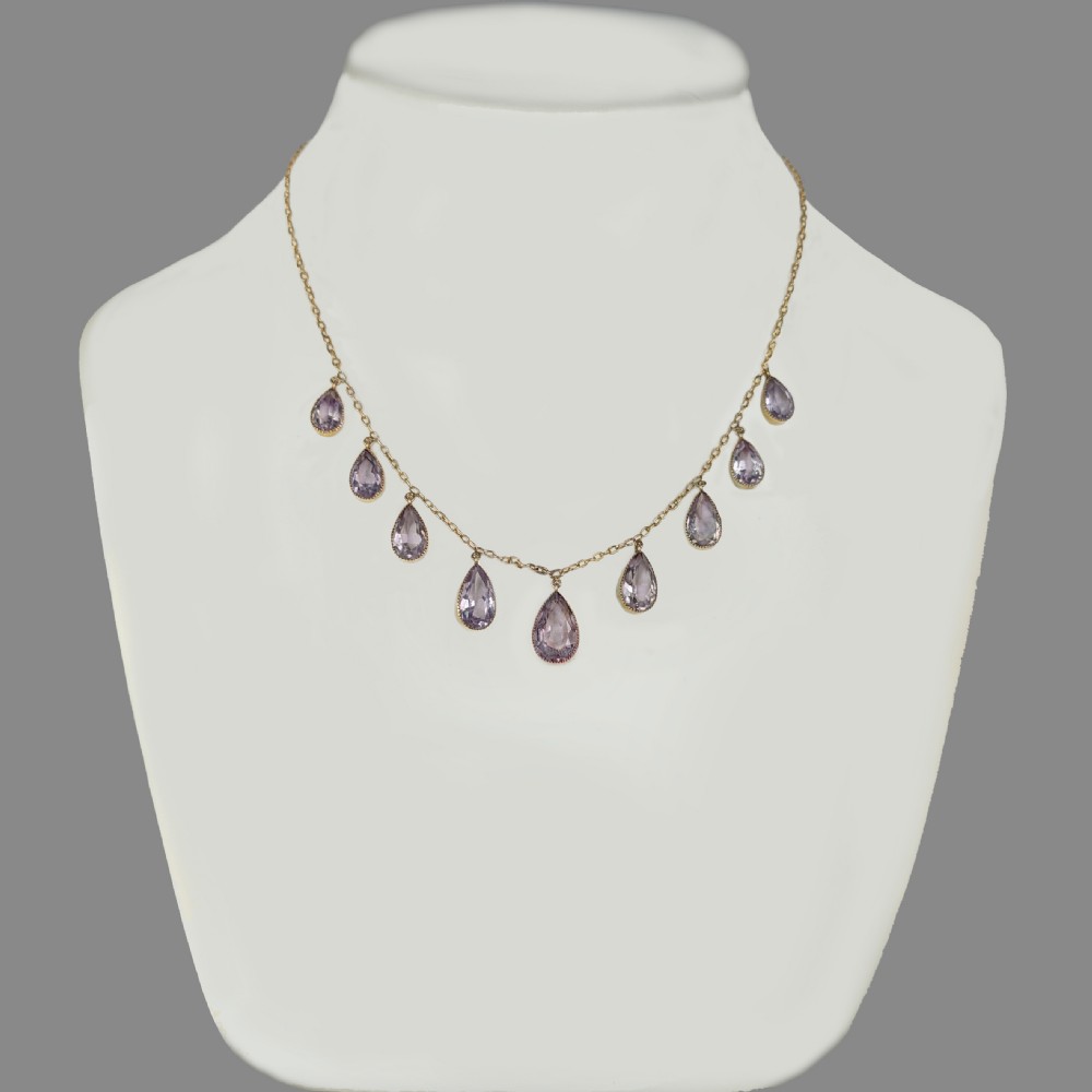 Edwardian 9ct Gold Amethyst Fringe Necklace Antique Graduated Pear-shaped Amethysts Drops Traditional Barrel Clasp c1910 View IV
