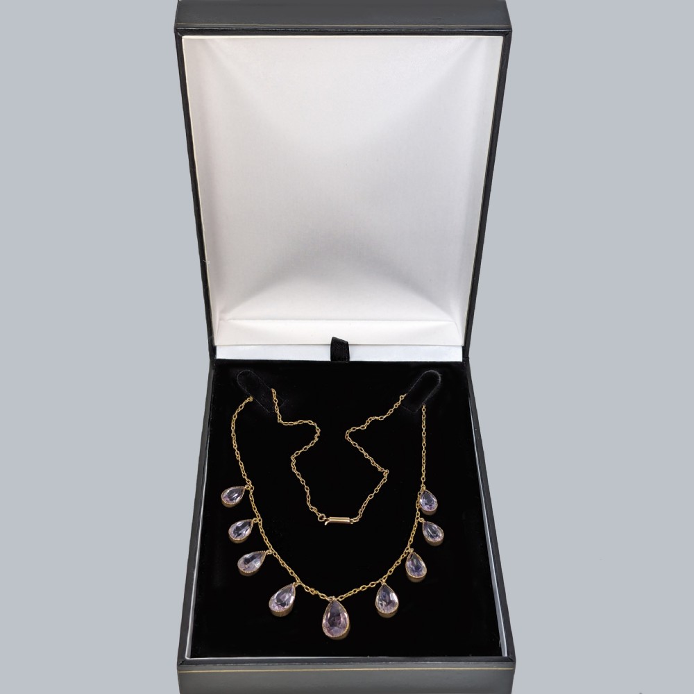 Edwardian 9ct Gold Amethyst Fringe Necklace Antique Graduated Pear-shaped Amethysts Drops Traditional Barrel Clasp c1910 View V