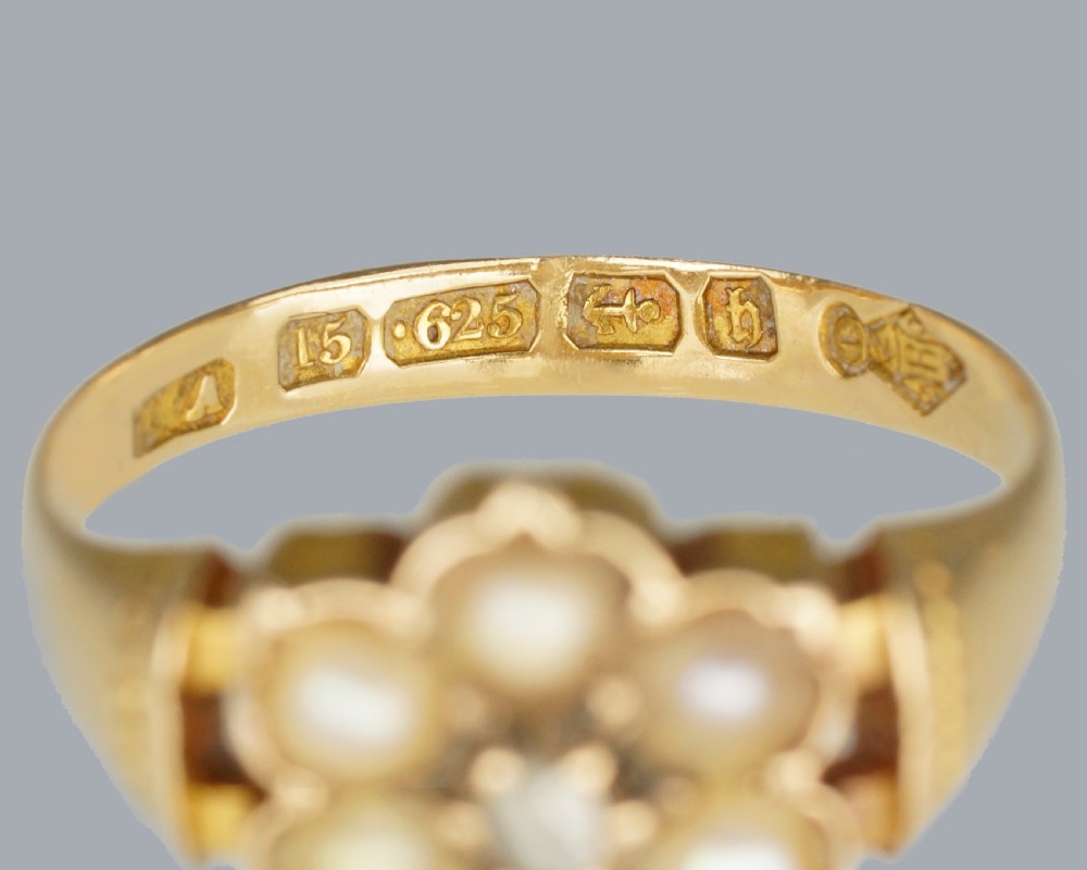 Victorian Pearl & Diamond Cluster Ring – Antique 15ct Gold Ring, Birmingham 1882, Natural Pearls & Rose Cut Diamond View III