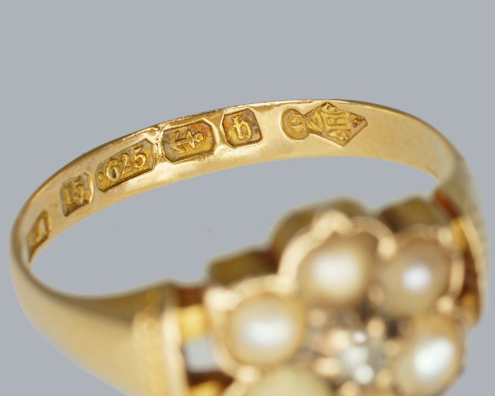 Victorian Pearl & Diamond Cluster Ring – Antique 15ct Gold Ring, Birmingham 1882, Natural Pearls & Rose Cut Diamond View IV