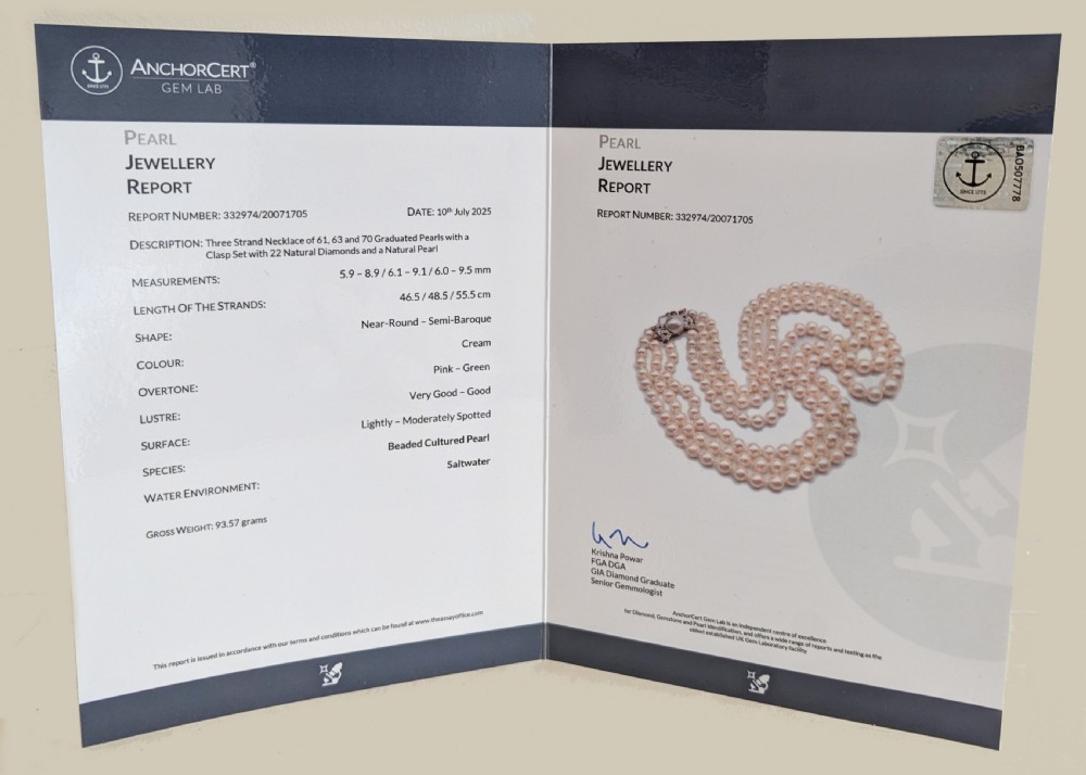 1920s Triple Strand Pearl Necklace – Cultured Saltwater Pearls with Natural Pearl & Diamond 18ct Gold Clasp, Certified View IV
