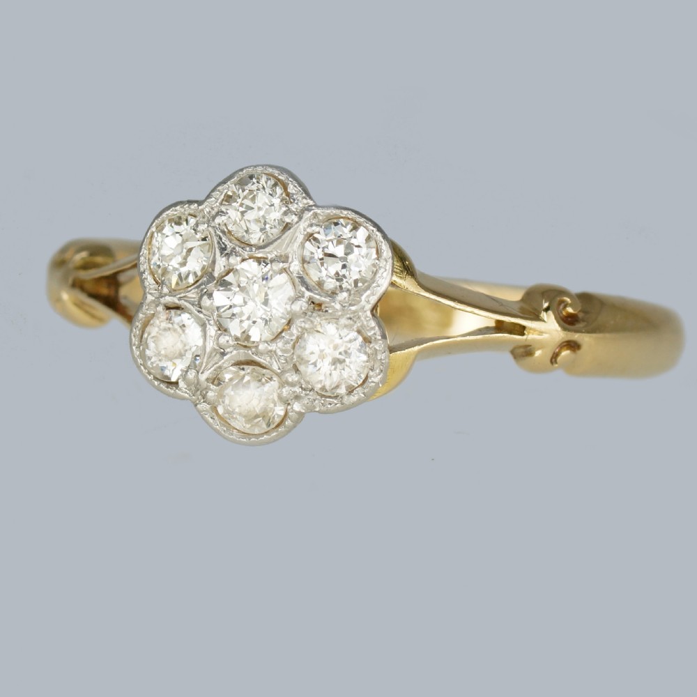 An antique 18ct yellow gold ring featuring a seven-stone diamond cluster set in a flower shape on split scrolled shoulders. View III