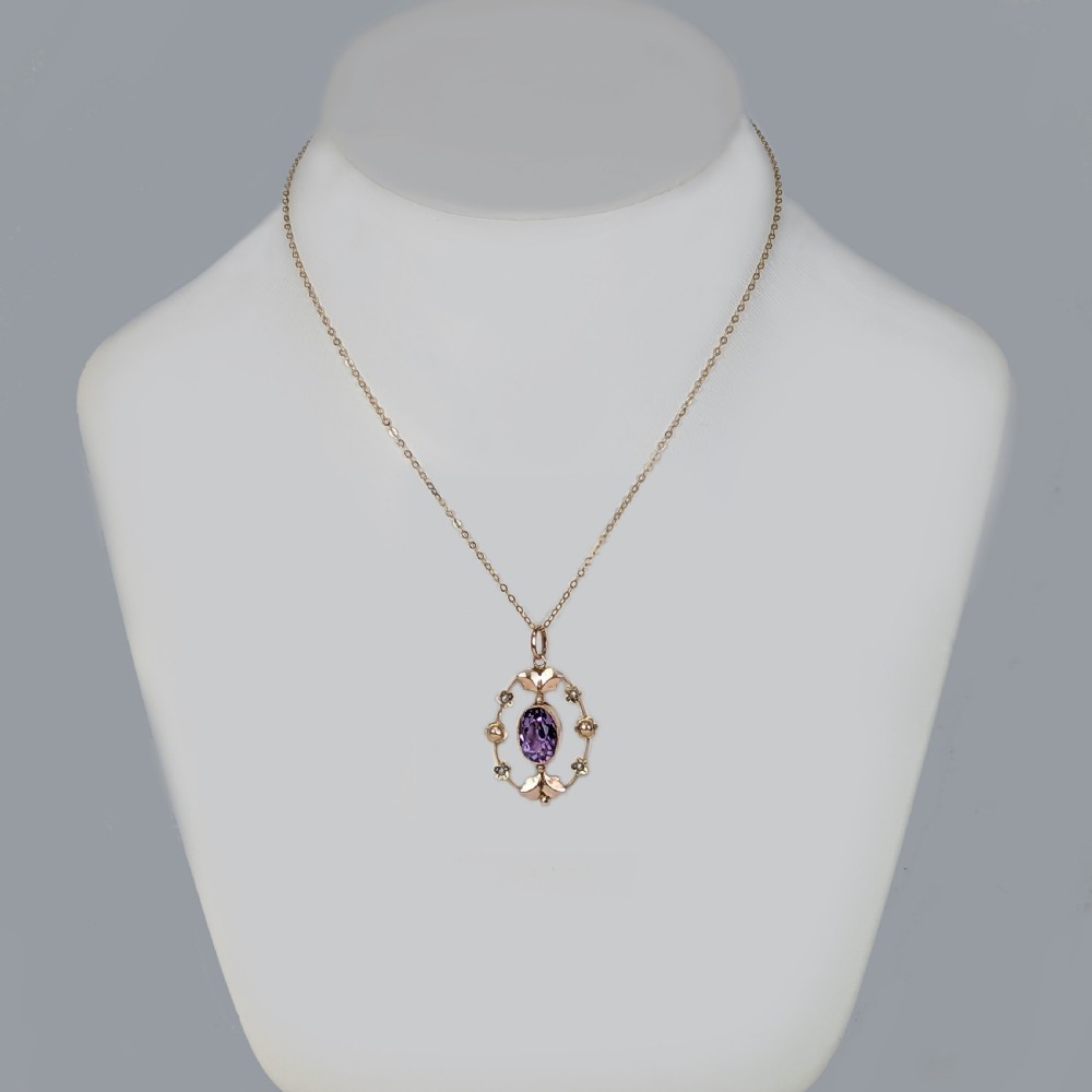 Antique Edwardian 9ct Gold Amethyst & Seed Pearl Pendant Necklace c.1910 View II
