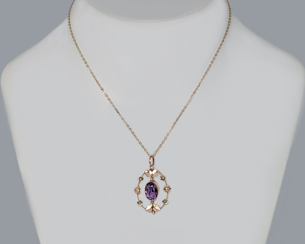 Antique Edwardian 9ct Gold Amethyst & Seed Pearl Pendant Necklace c.1910 View VII