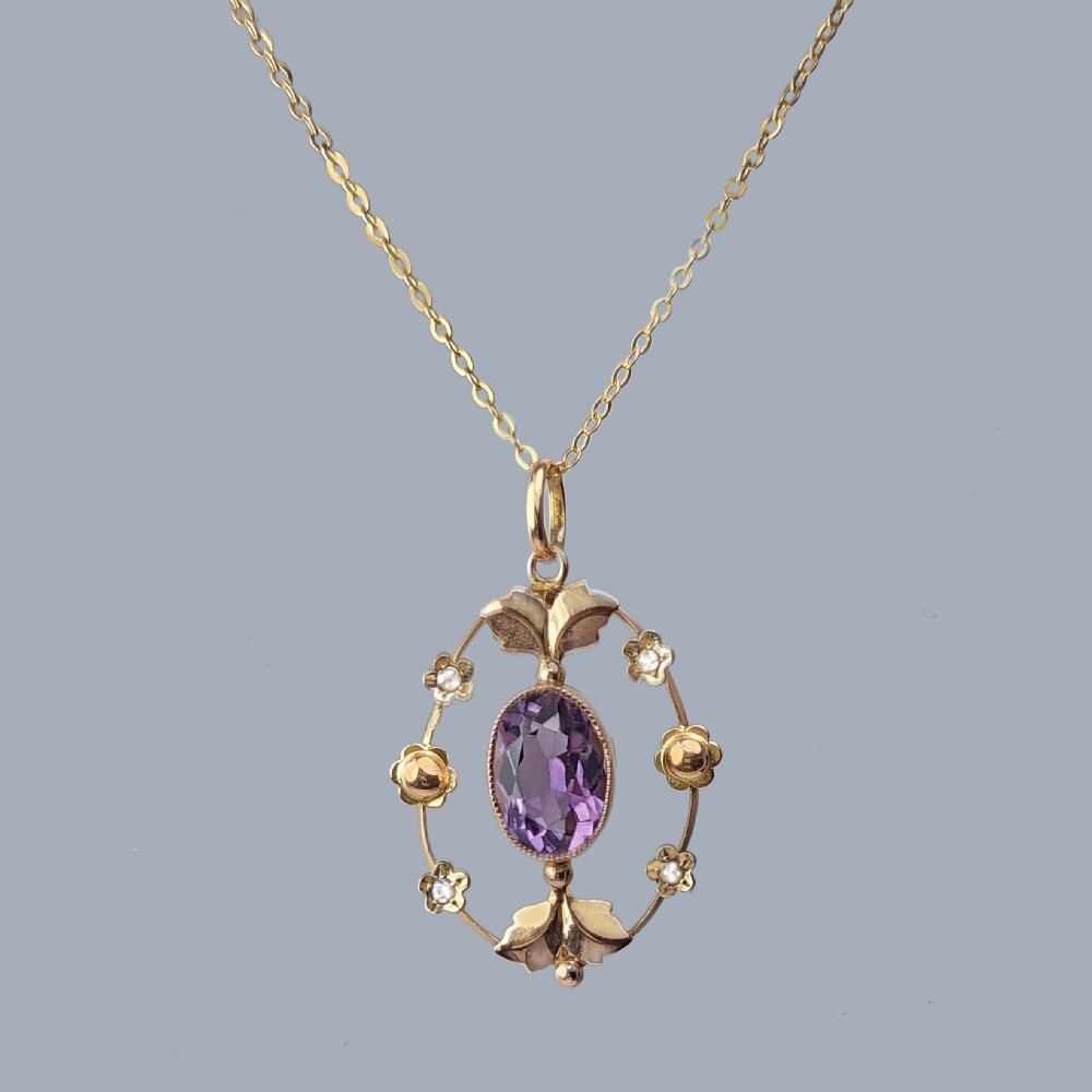 Antique Edwardian 9ct Gold Amethyst & Seed Pearl Pendant Necklace c.1910 View VIII
