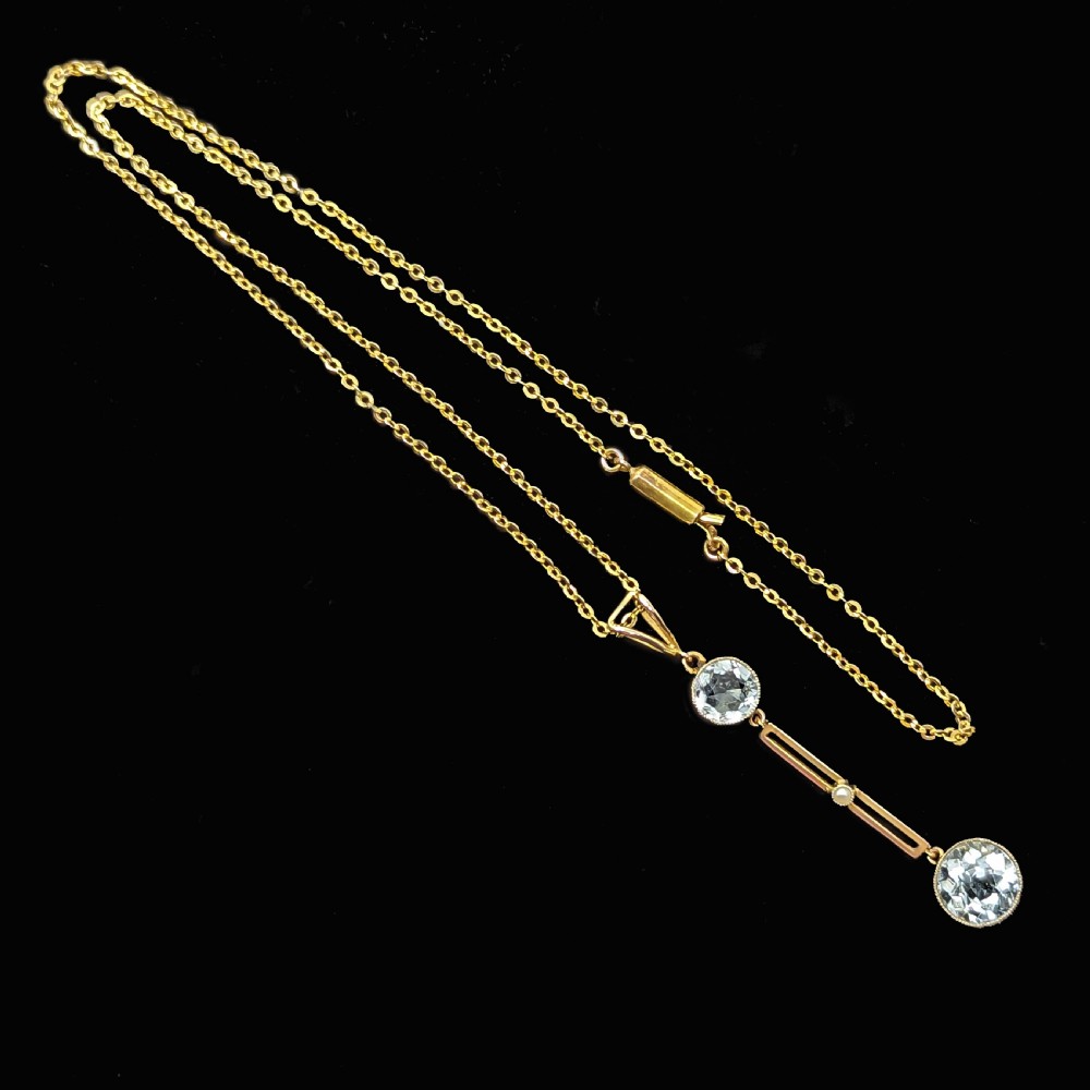 Edwardian Aquamarine & Seed Pearl Drop Pendant Necklace in 9ct Gold circa 1910