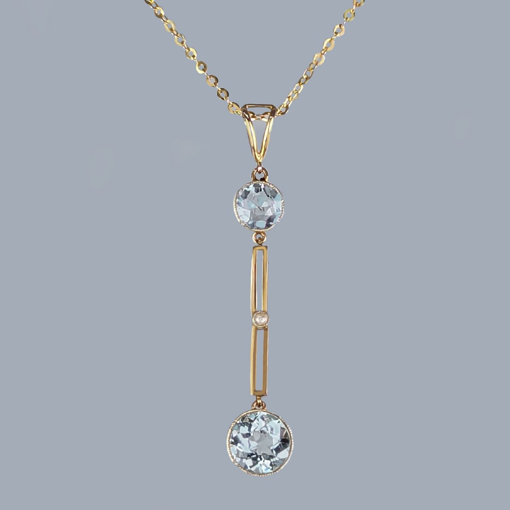 Edwardian Aquamarine & Seed Pearl Drop Pendant Necklace in 9ct Gold circa 1910 View II