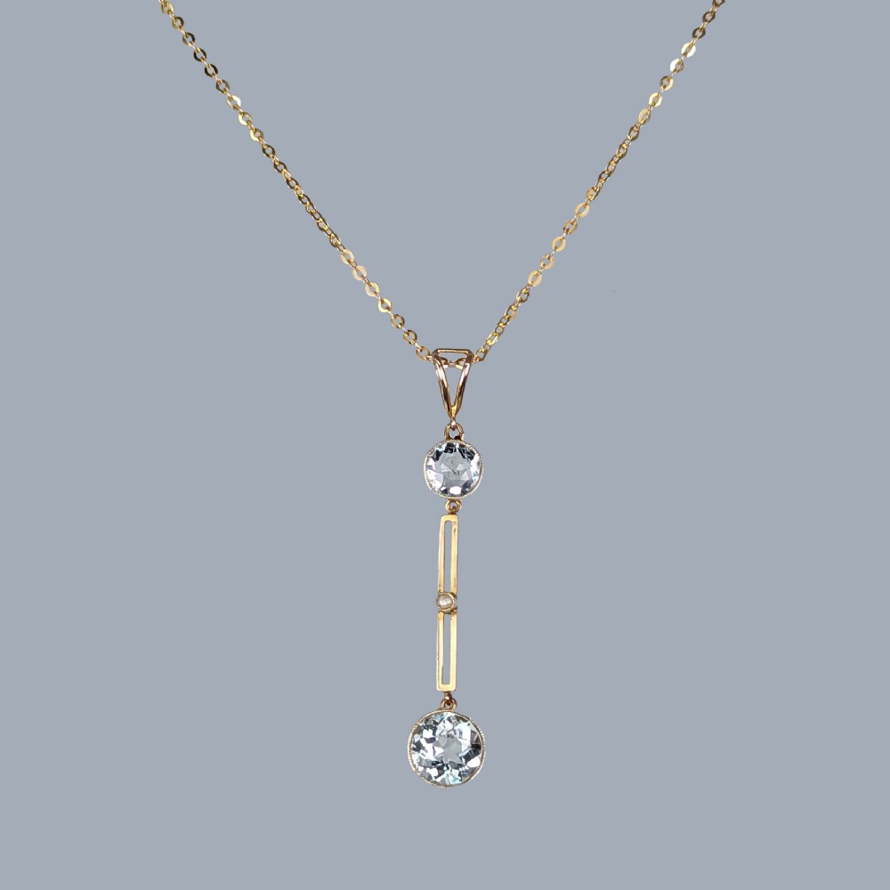 Edwardian Aquamarine & Seed Pearl Drop Pendant Necklace in 9ct Gold circa 1910 View IX