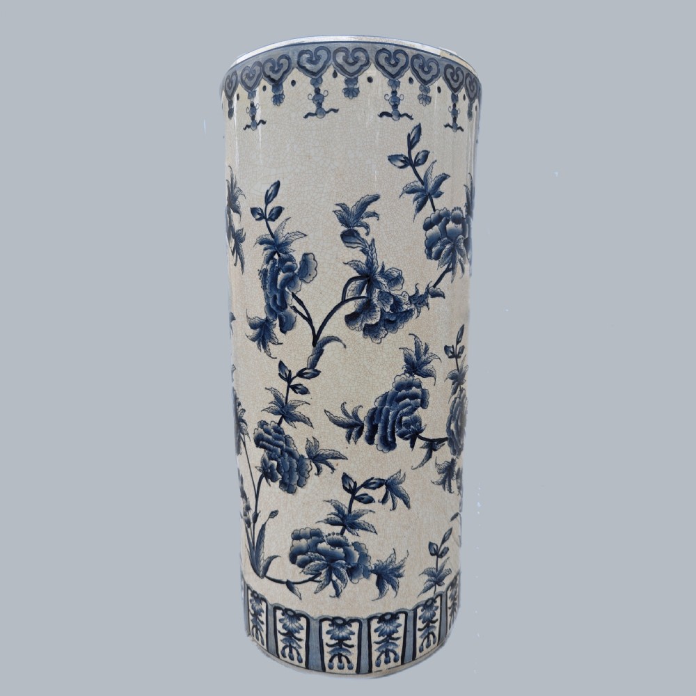 Antique Ironstone China Umbrella Stand — Oriental Blue and White Porcelain with Rambling Roses, Circa 1930s