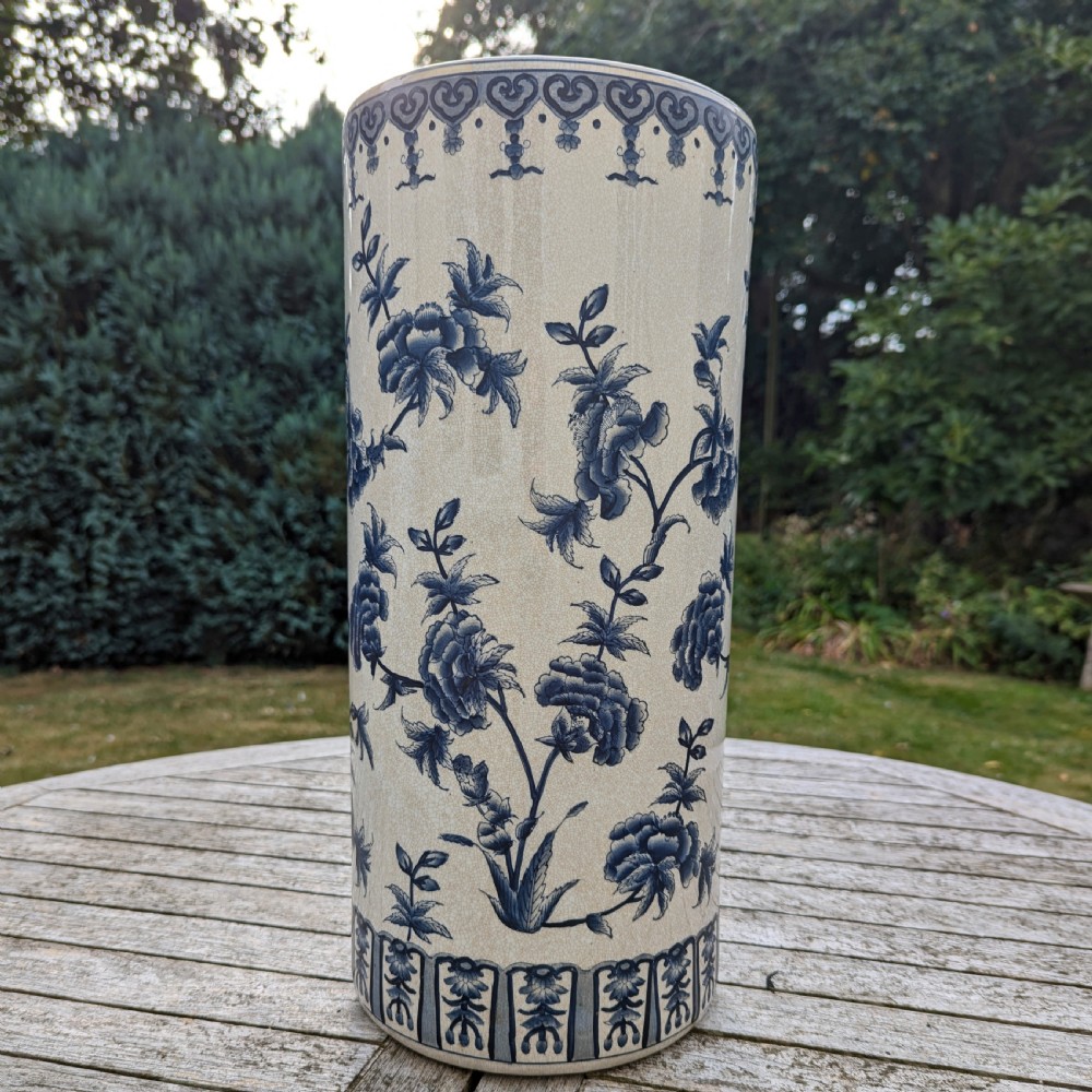 Antique Ironstone China Umbrella Stand — Oriental Blue and White Porcelain with Rambling Roses, Circa 1930s View II
