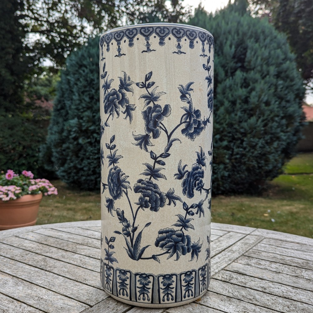 Antique Ironstone China Umbrella Stand — Oriental Blue and White Porcelain with Rambling Roses, Circa 1930s View III
