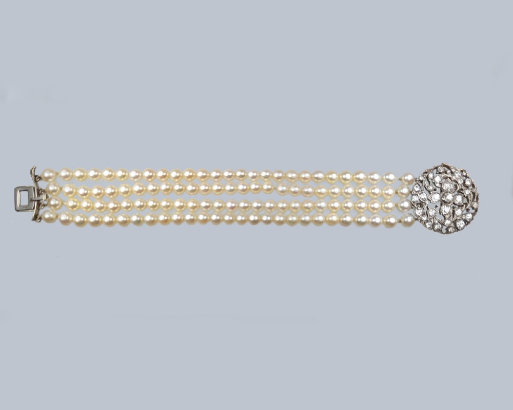 Pearl & Diamond Bracelet, 1920s Four Strand Cultured Pearls with Old Mine Cut Diamond Floral Clasp View VI