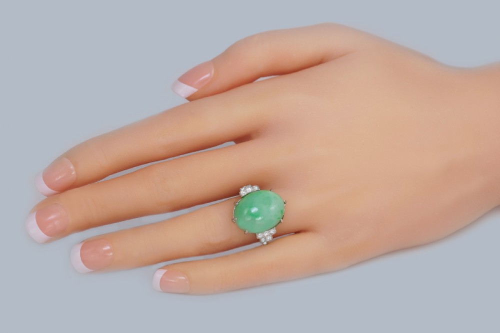 Art Deco 1920s Platinum Jadeite & Diamond Ring • Natural 15ct Green Jade with Gem Report View II