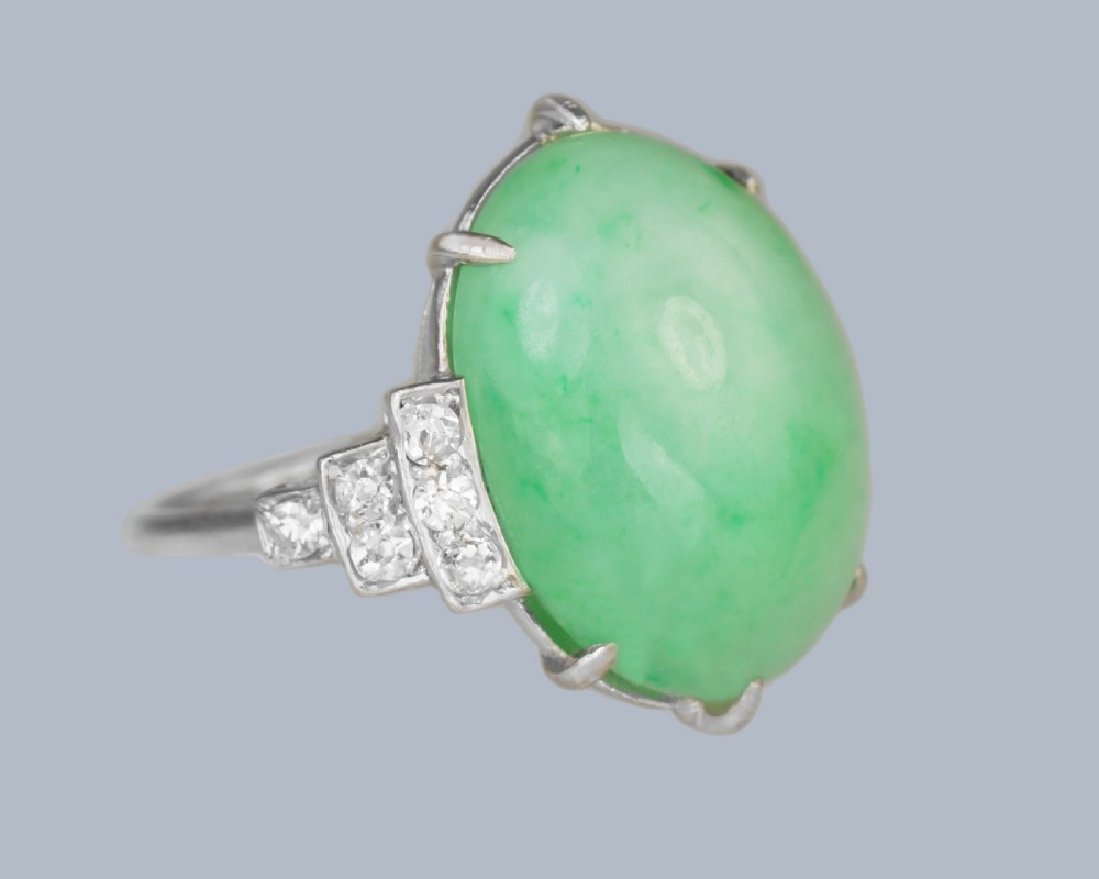 Art Deco 1920s Platinum Jadeite & Diamond Ring • Natural 15ct Green Jade with Gem Report View IV