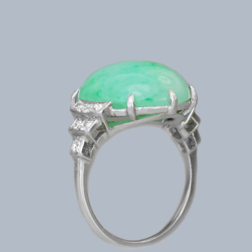 Art Deco 1920s Platinum Jadeite & Diamond Ring • Natural 15ct Green Jade with Gem Report View V