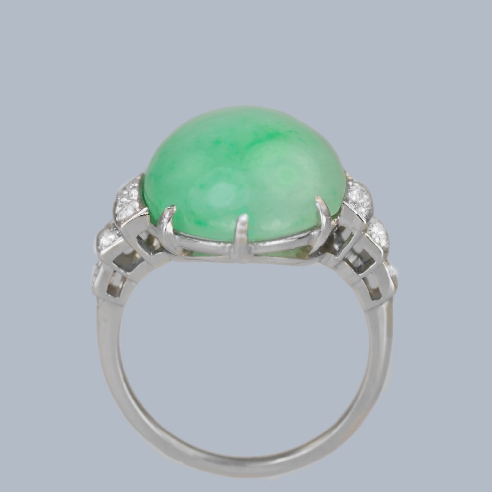 Art Deco 1920s Platinum Jadeite & Diamond Ring • Natural 15ct Green Jade with Gem Report View VI