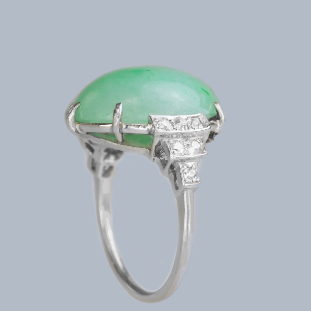 Art Deco 1920s Platinum Jadeite & Diamond Ring • Natural 15ct Green Jade with Gem Report View VII
