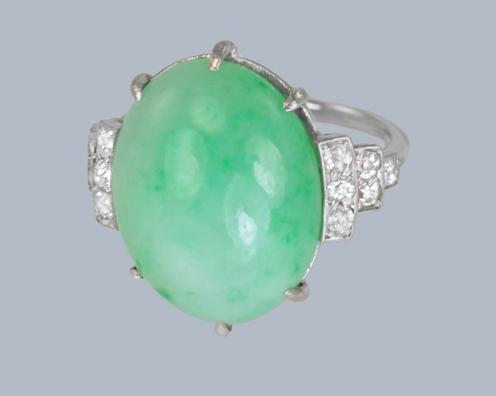 Art Deco 1920s Platinum Jadeite & Diamond Ring • Natural 15ct Green Jade with Gem Report View IX