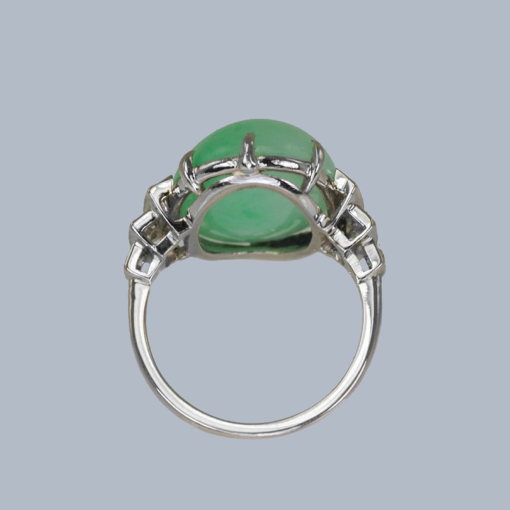 Art Deco 1920s Platinum Jadeite & Diamond Ring • Natural 15ct Green Jade with Gem Report View X
