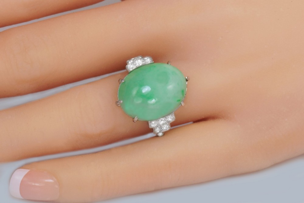 Art Deco 1920s Platinum Jadeite & Diamond Ring • Natural 15ct Green Jade with Gem Report View XI