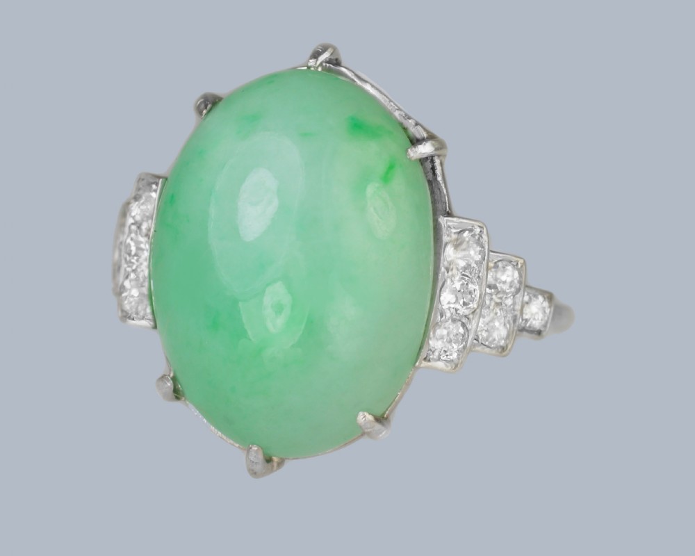 Art Deco 1920s Platinum Jadeite & Diamond Ring • Natural 15ct Green Jade with Gem Report View XIII