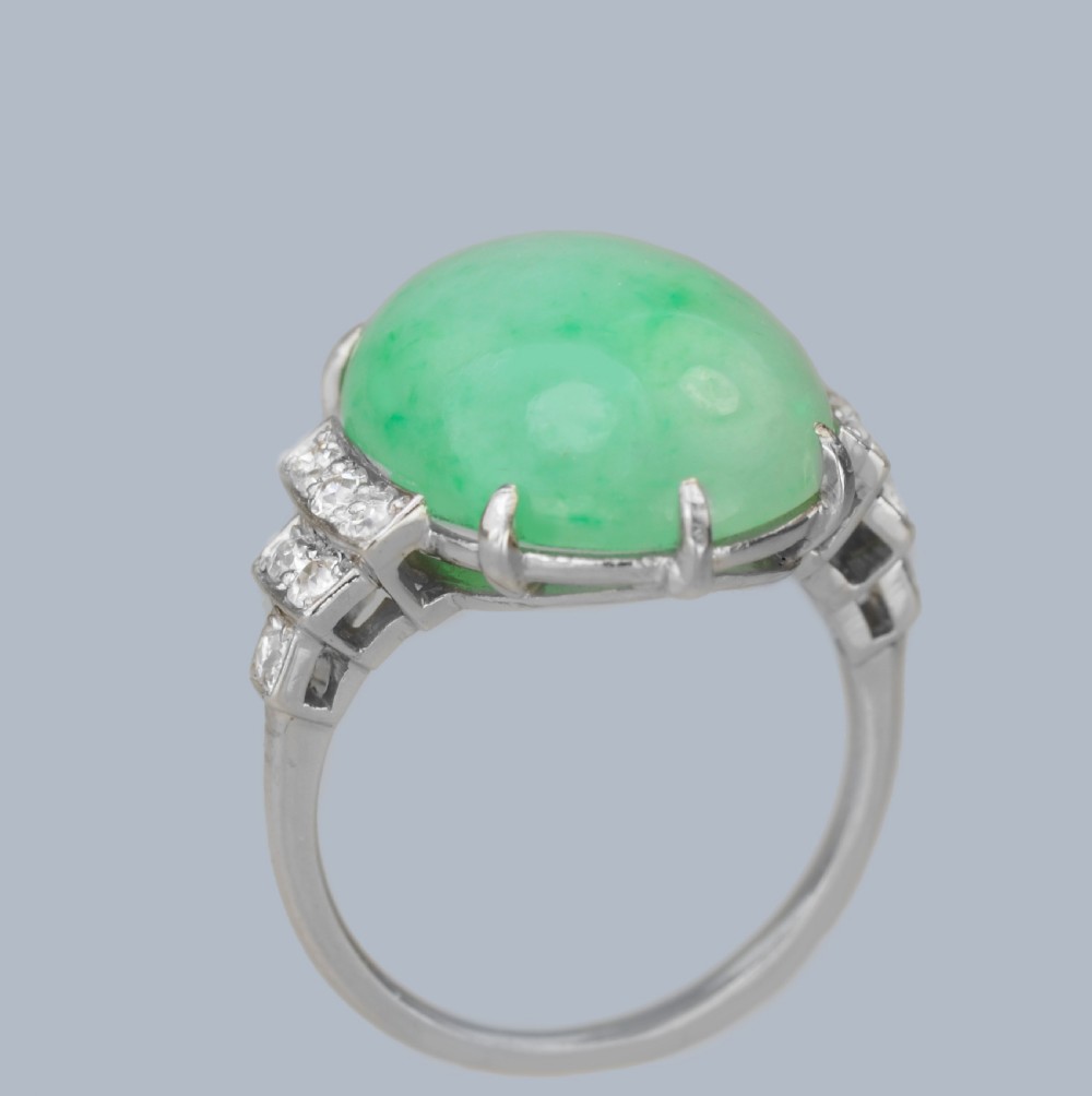 Art Deco 1920s Platinum Jadeite & Diamond Ring • Natural 15ct Green Jade with Gem Report View XIV