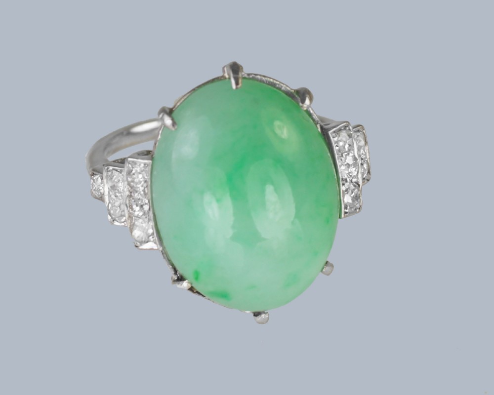 Art Deco 1920s Platinum Jadeite & Diamond Ring • Natural 15ct Green Jade with Gem Report View XV